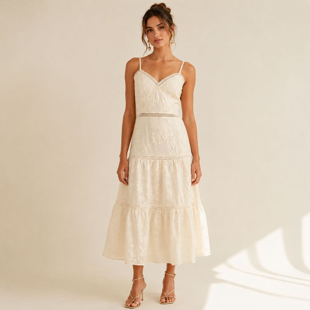 AROSE STUDIO Women's New Midi Dress MEDIUM Cream Floral Jacquard Lace Romantic
